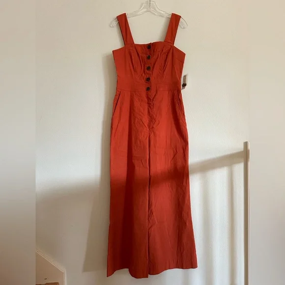 Maeve The Portside Jumpsuit 10 Wide Leg Linen Blend Square Neck Rust Orange NWT - Picture 3 of 15